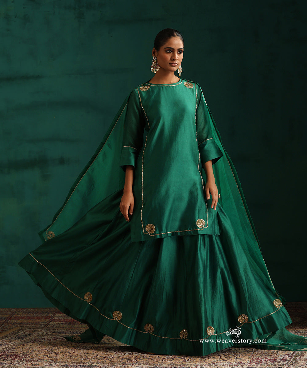 Rama Green Pure Chanderi Silk Lehenga with Short Kurta and Organza Dupatta
