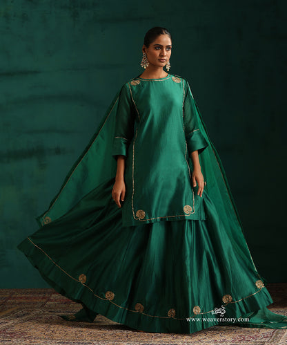 Rama Green Pure Chanderi Silk Lehenga with Short Kurta and Organza Dupatta