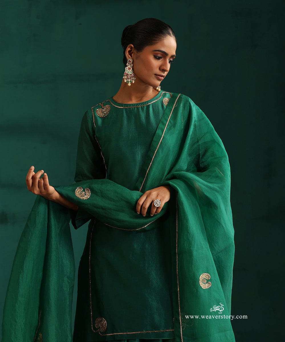 Rama Green Pure Chanderi Silk Lehenga with Short Kurta and Organza Dupatta