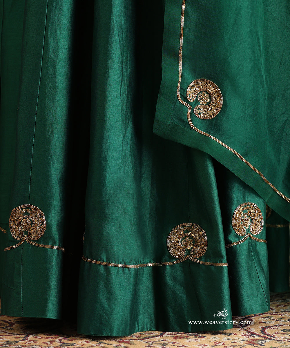 Rama Green Pure Chanderi Silk Lehenga with Short Kurta and Organza Dupatta