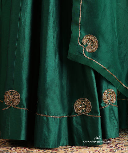 Rama Green Pure Chanderi Silk Lehenga with Short Kurta and Organza Dupatta