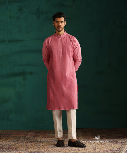 Pink Handloom Cotton Silk Pintuck Kurta With Barfi Desing With Pant