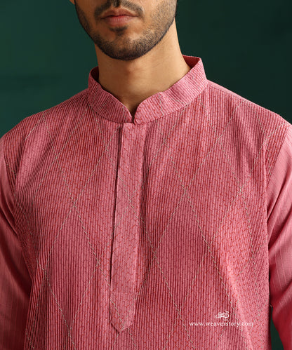 Pink Handloom Cotton Silk Pintuck Kurta With Barfi Desing With Pant