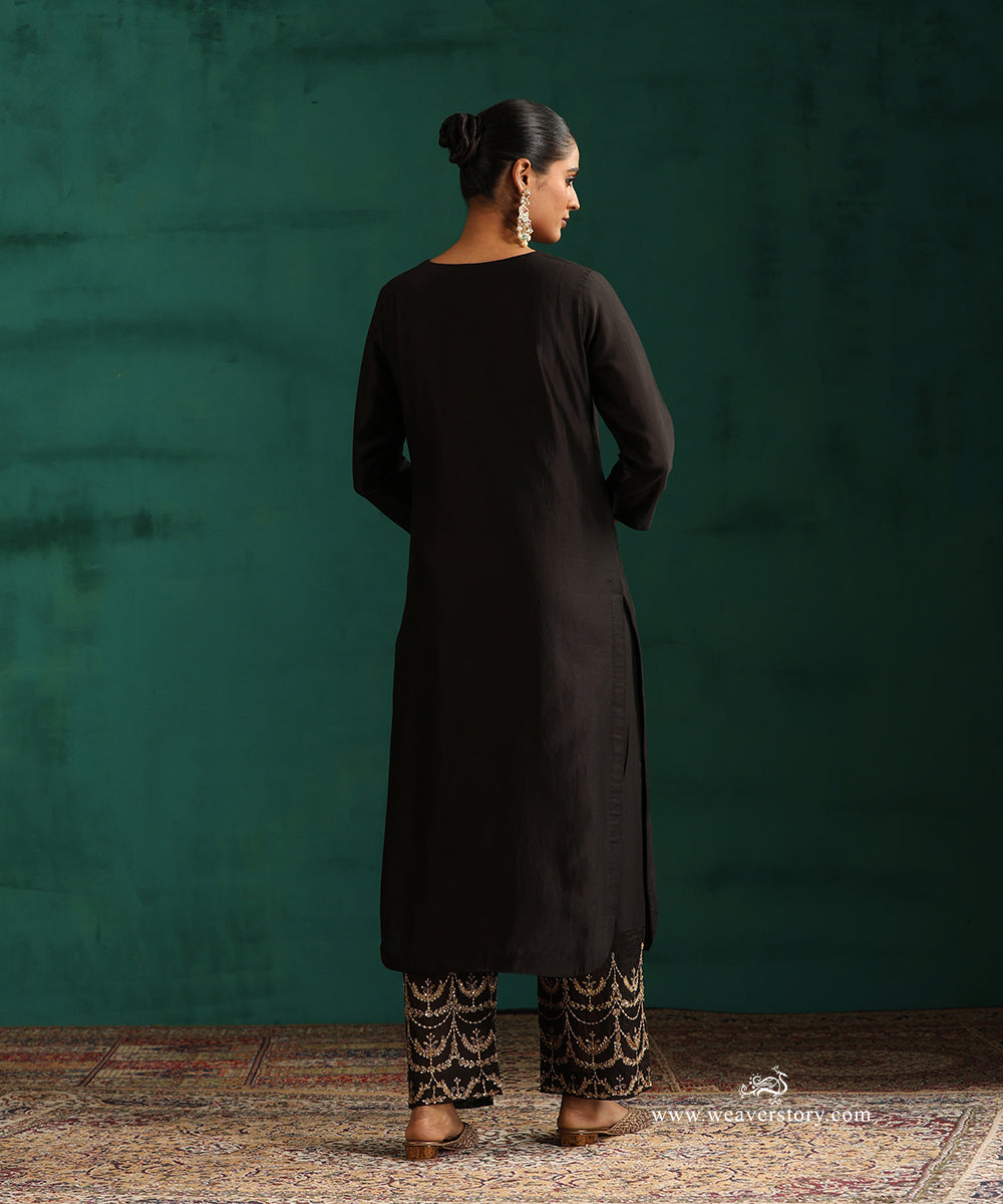 Kohl Black Pure Chanderi Silk Kurta with V-Neckline and Hand Embroidered Pants