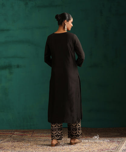 Kohl Black Pure Chanderi Silk Kurta with V-Neckline and Hand Embroidered Pants