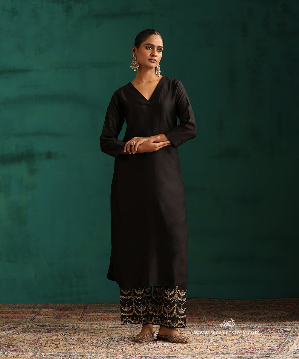 Kohl Black Pure Chanderi Silk Kurta with V-Neckline and Hand Embroidered Pants