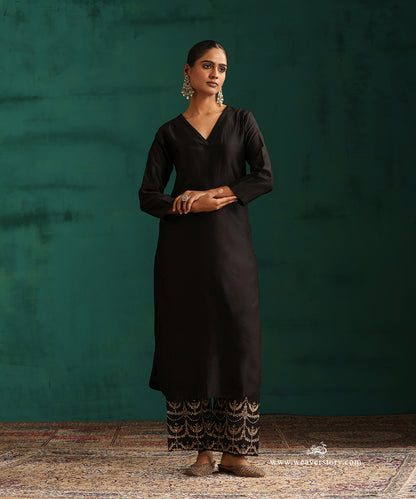 Kohl Black Pure Chanderi Silk Kurta with V-Neckline and Hand Embroidered Pants