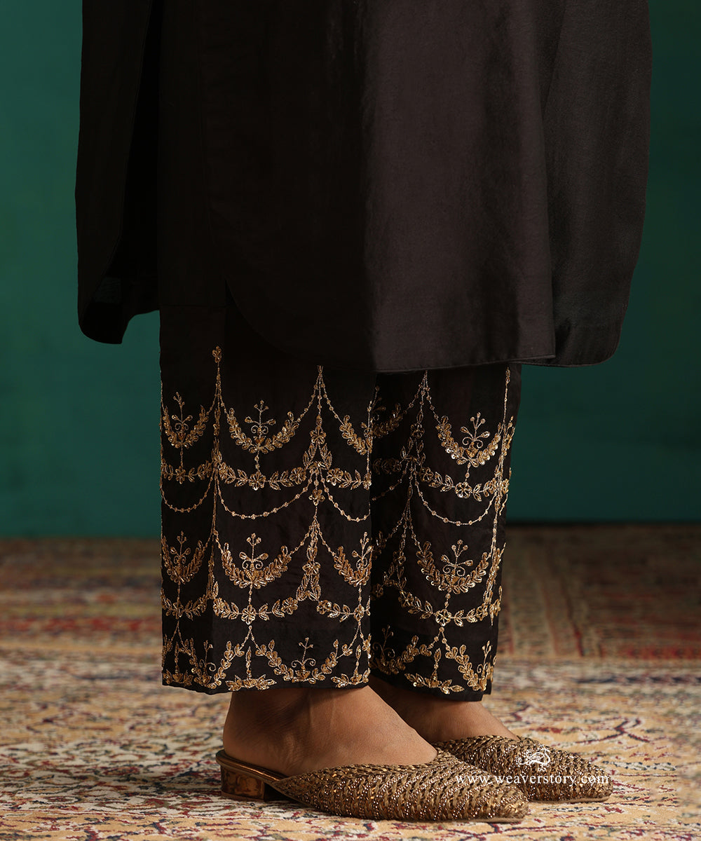 Kohl Black Pure Chanderi Silk Kurta with V-Neckline and Hand Embroidered Pants