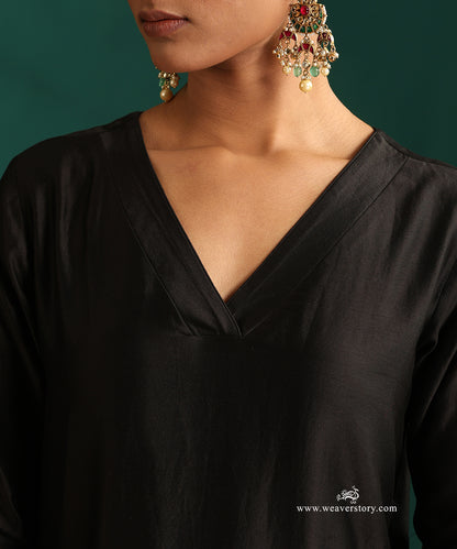 Kohl Black Pure Chanderi Silk Kurta with V-Neckline and Hand Embroidered Pants