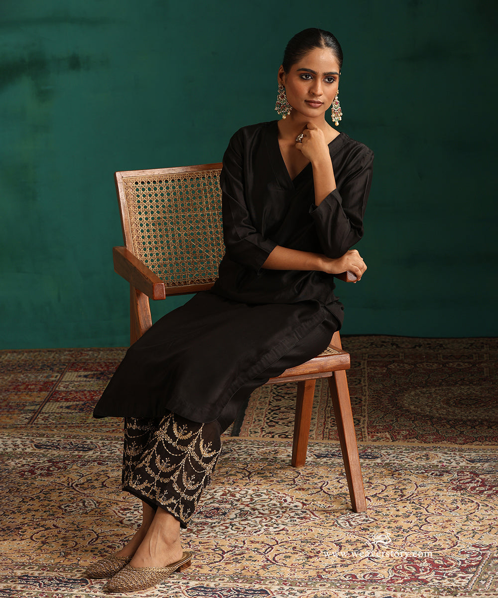 Kohl Black Pure Chanderi Silk Kurta with V-Neckline and Hand Embroidered Pants
