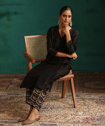 Kohl Black Pure Chanderi Silk Kurta with V-Neckline and Hand Embroidered Pants