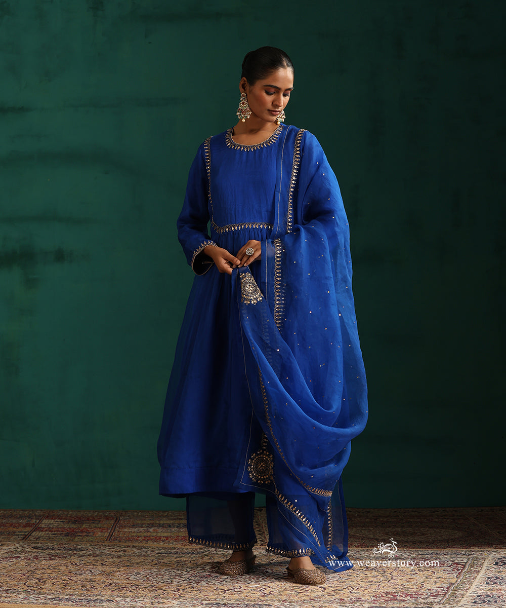 Jewel-Toned Blue Organza Silk Kurta Set with Gota Patti Embroidery