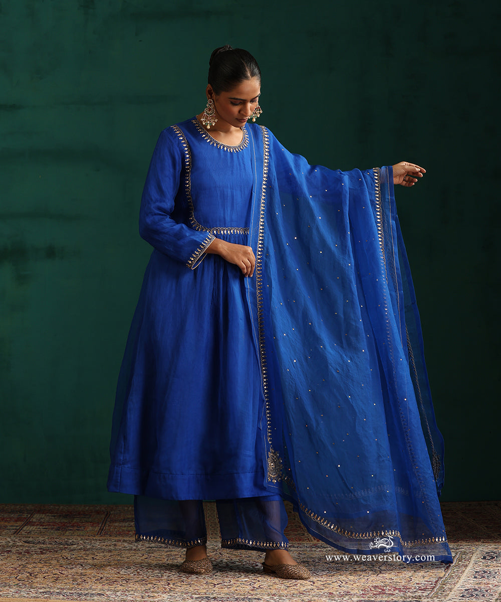 Jewel-Toned Blue Organza Silk Kurta Set with Gota Patti Embroidery