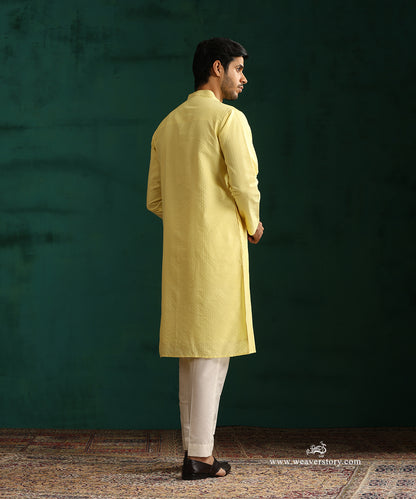 Yellow Handloom Cotton Silk Pintuck Kurta With Pant
