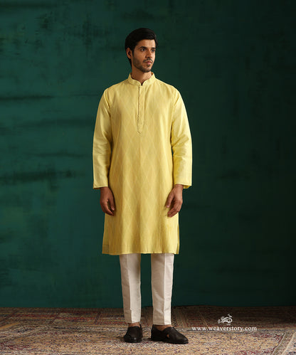 Yellow Handloom Cotton Silk Pintuck Kurta With Pant