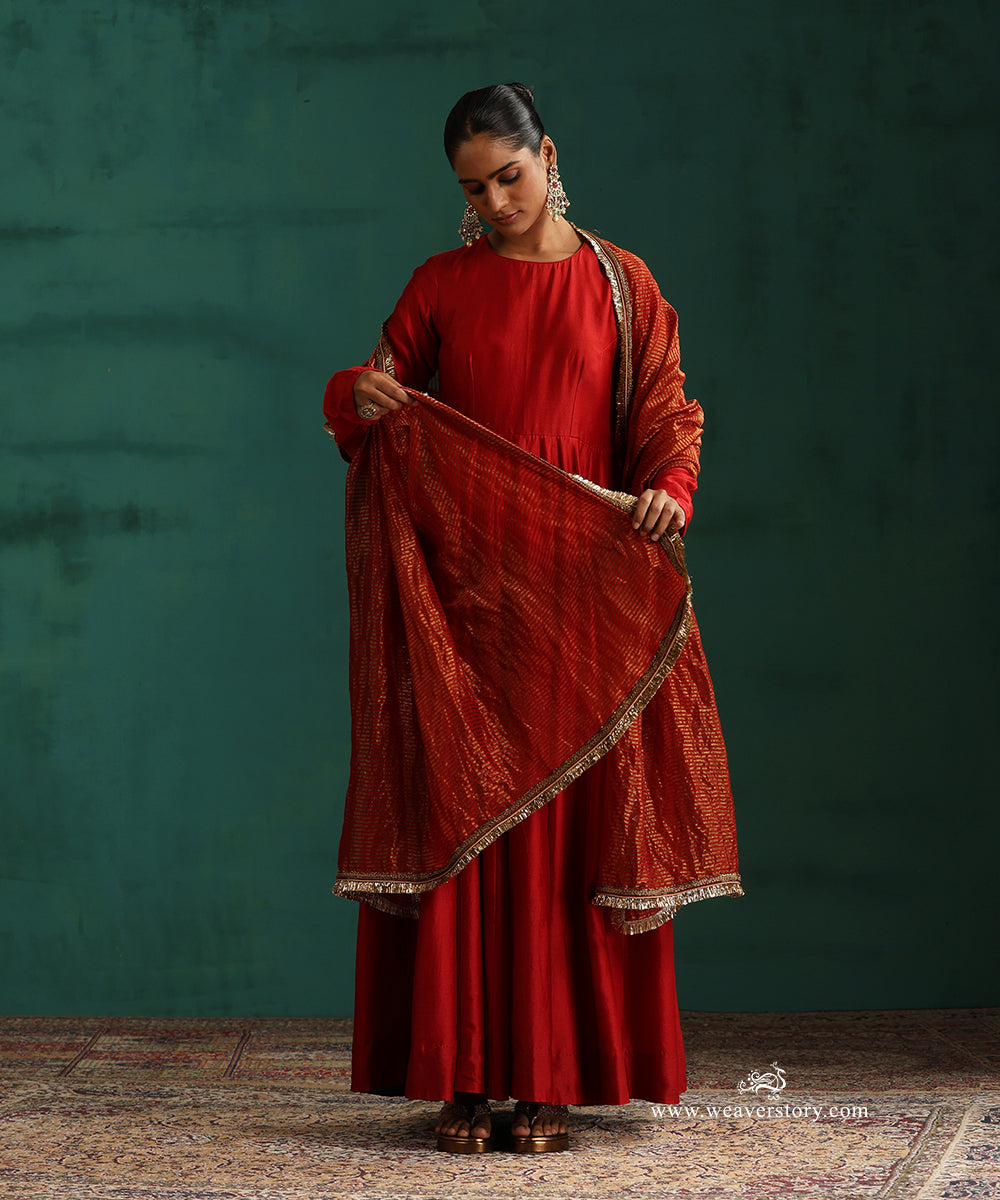 Bridal Red Pure Chanderi Anarkali with Churidar and Tissue Chanderi Dupatta with Kiran