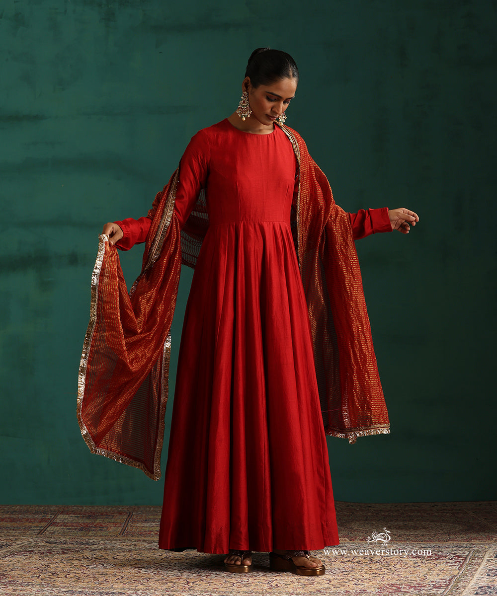 Bridal Red Pure Chanderi Anarkali with Churidar and Tissue Chanderi Dupatta with Kiran