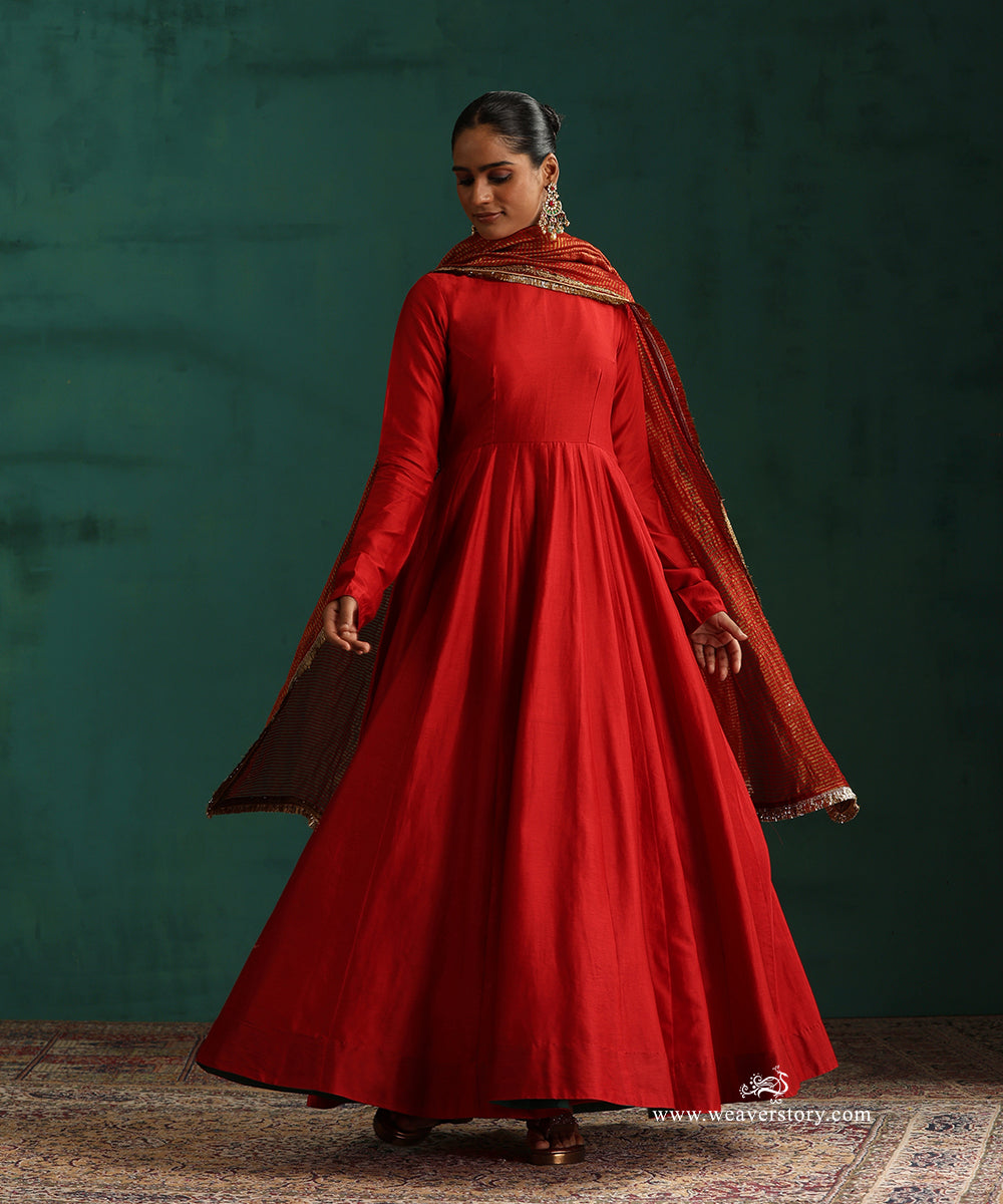 Bridal Red Pure Chanderi Anarkali with Churidar and Tissue Chanderi Dupatta with Kiran
