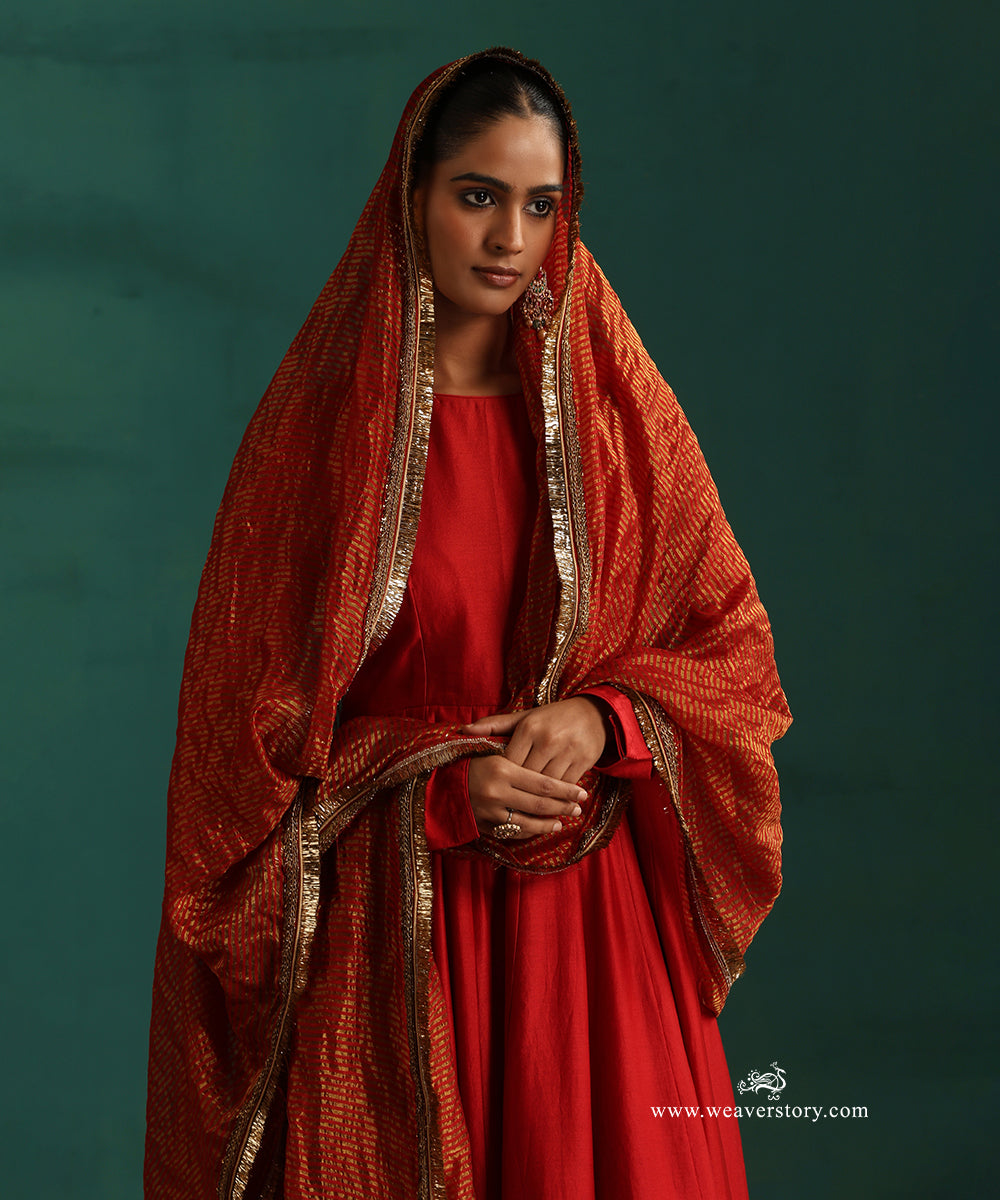 Bridal Red Pure Chanderi Anarkali with Churidar and Tissue Chanderi Dupatta with Kiran