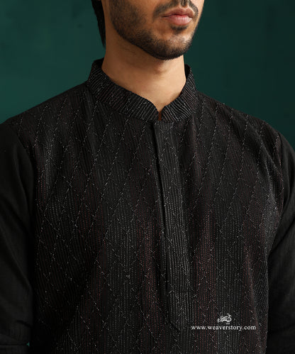 Black Handloom Cotton Silk Pintuck Kurta With Pant