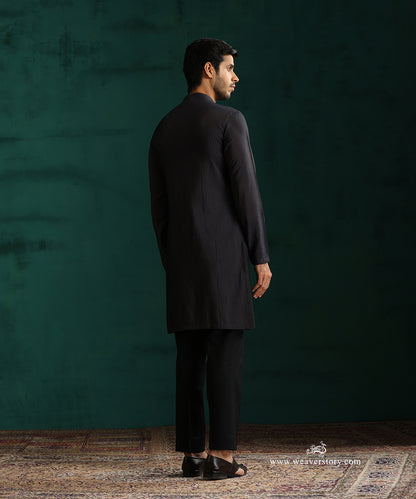 Navy Blue Handloom Cotton Silk Pintuck Kurta With Pant