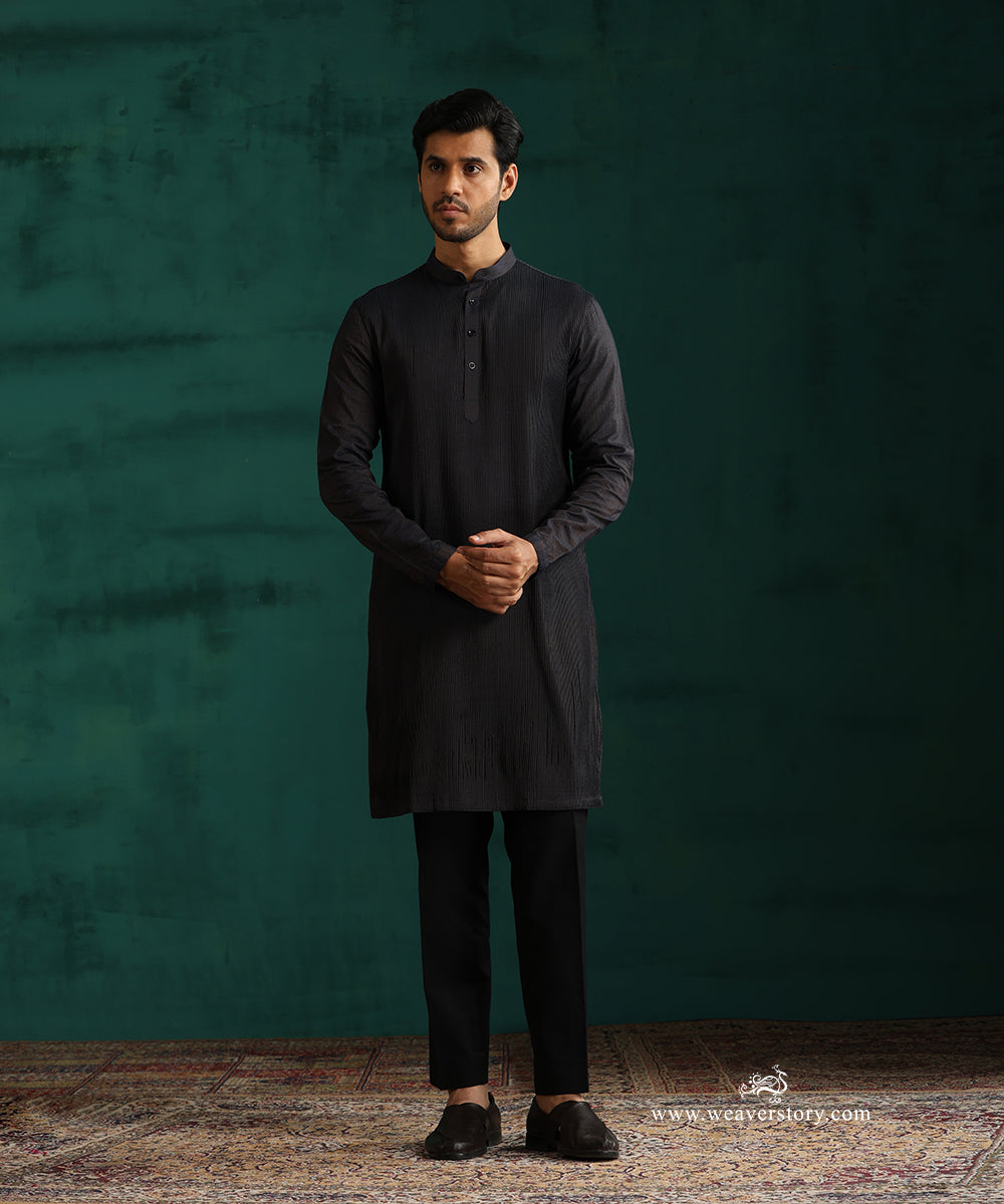 Navy Blue Handloom Cotton Silk Pintuck Kurta With Pant