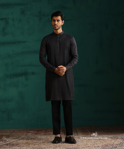 Navy Blue Handloom Cotton Silk Pintuck Kurta With Pant
