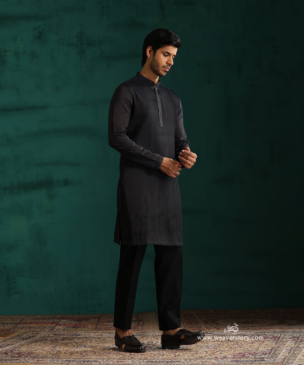Navy Blue Handloom Cotton Silk Pintuck Kurta With Pant
