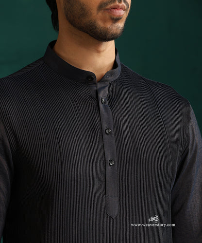 Navy Blue Handloom Cotton Silk Pintuck Kurta With Pant
