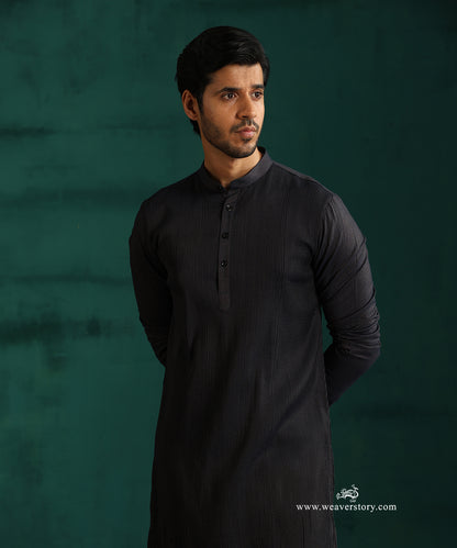 Navy Blue Handloom Cotton Silk Pintuck Kurta With Pant