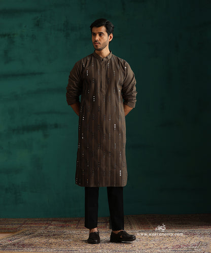 Olive Green Handloom Cotton Silk Mirror Work Kurta With Pant