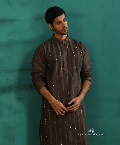 Olive Green Handloom Cotton Silk Mirror Work Kurta With Pant
