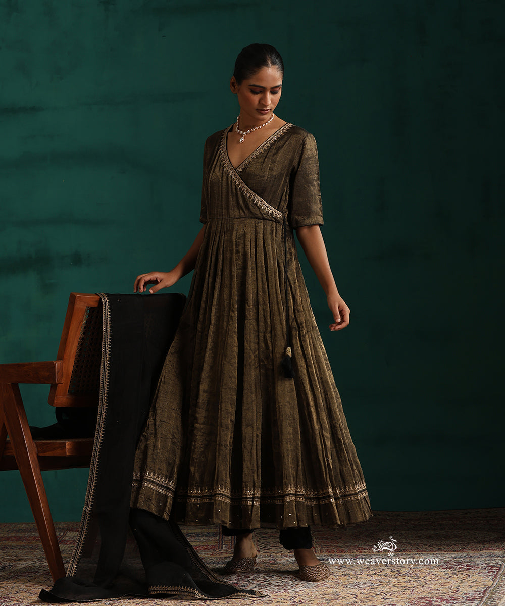Black and Gold Handloom Chanderi Tissue Anarkali Kurta with Churidar and Organza Dupatta
