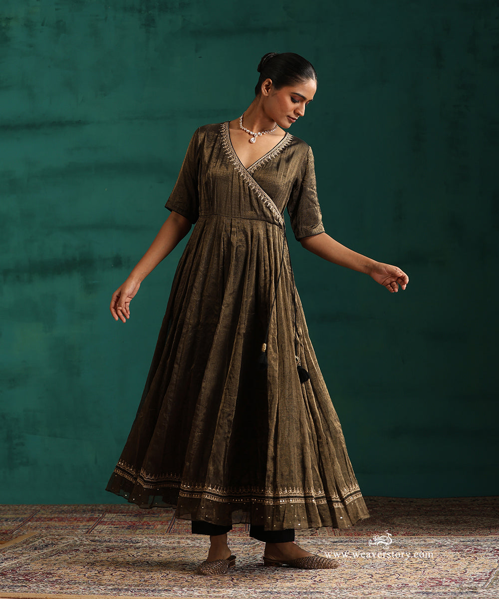 Black and Gold Handloom Chanderi Tissue Anarkali Kurta with Churidar and Organza Dupatta
