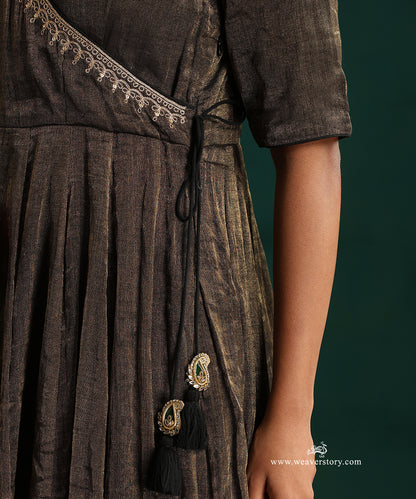 Black and Gold Handloom Chanderi Tissue Anarkali Kurta with Churidar and Organza Dupatta