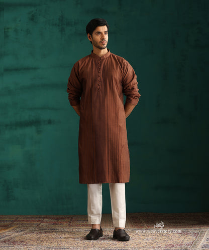 Brown Handloom Cotton Silk Pintuck Kurta With Pant