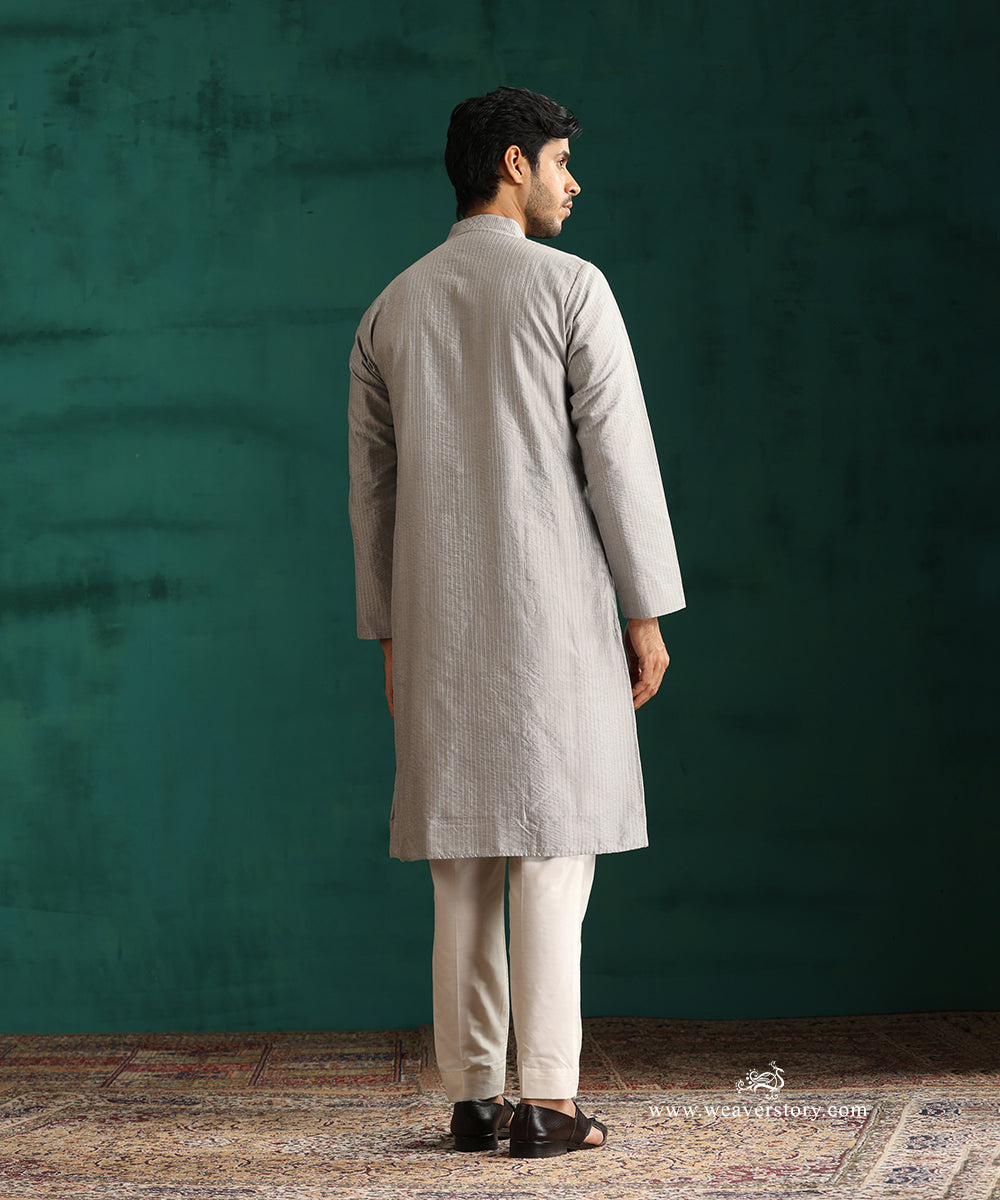 Grey Handloom Cotton Silk Pintuck Kurta With Pant
