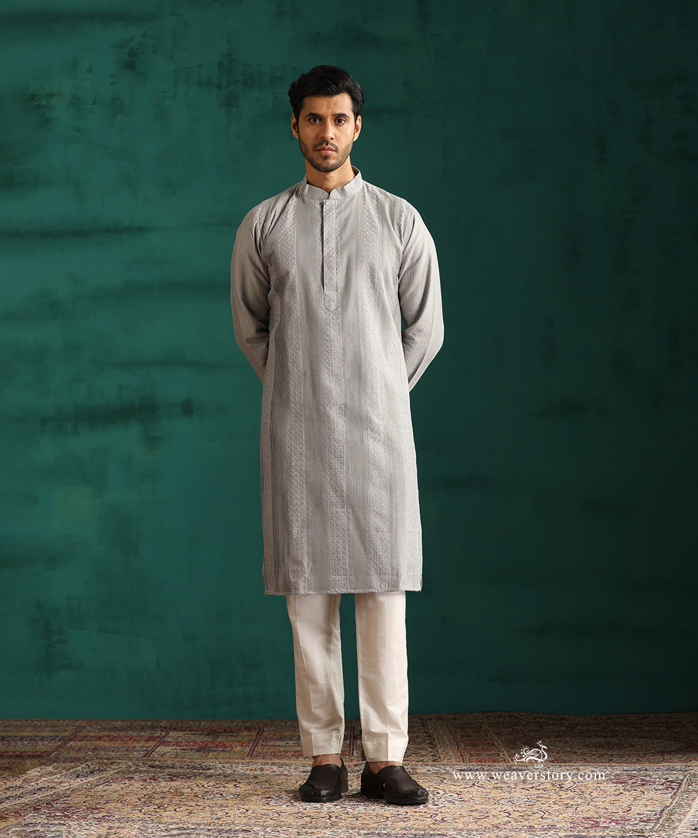 Grey Handloom Cotton Silk Pintuck Kurta With Pant