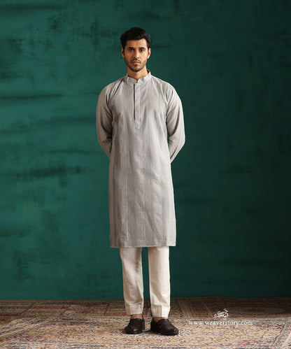 Grey Handloom Cotton Silk Pintuck Kurta With Pant