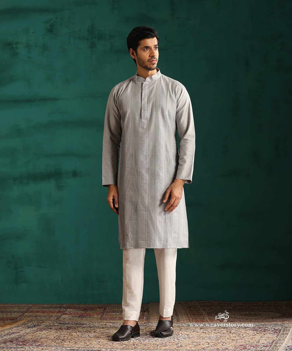 Grey Handloom Cotton Silk Pintuck Kurta With Pant