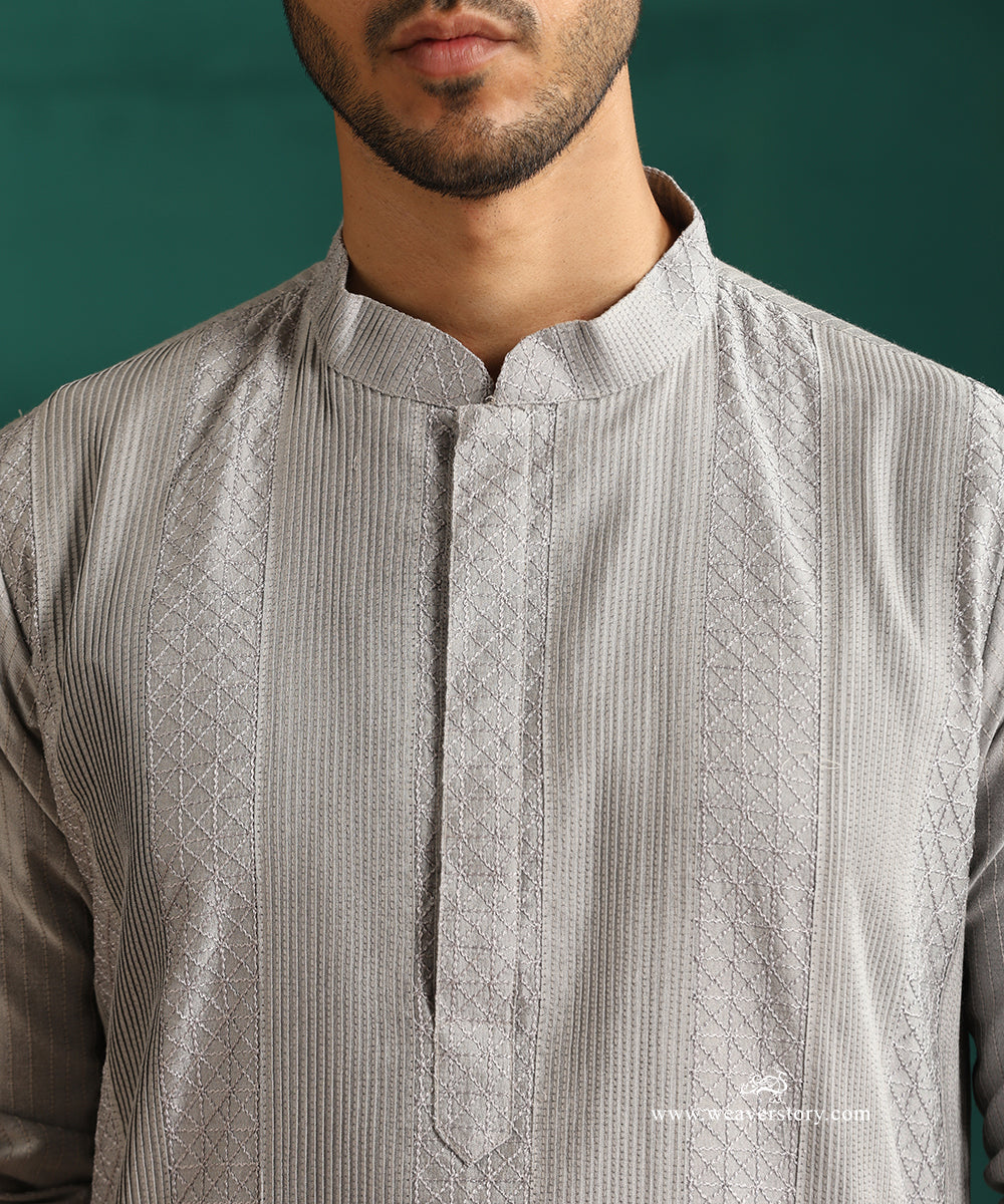Grey Handloom Cotton Silk Pintuck Kurta With Pant