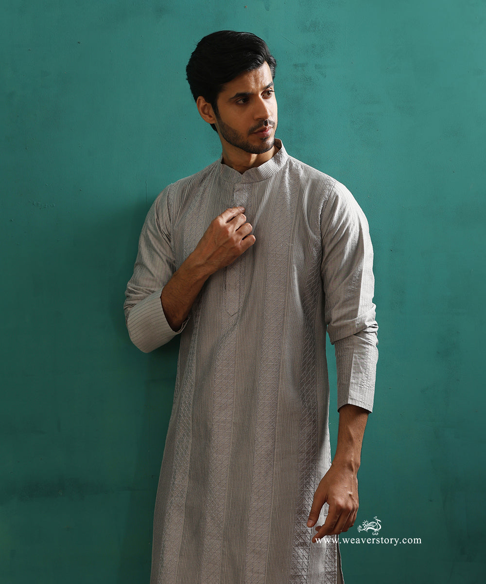 Grey Handloom Cotton Silk Pintuck Kurta With Pant
