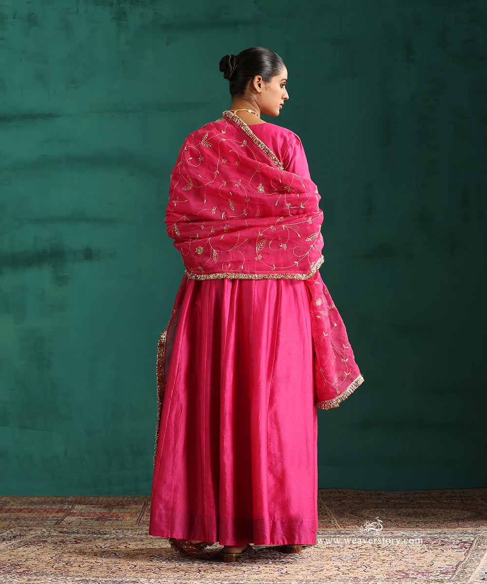 Hot Pink Pure Chanderi Anarkali with Churidar and Hand Embroidered Organza Dupatta