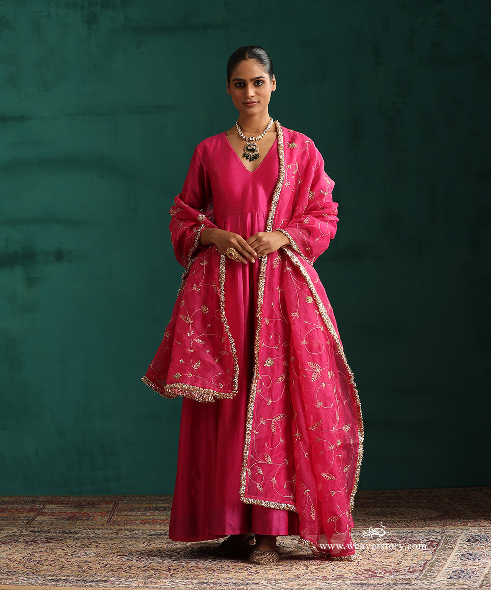 Hot Pink Pure Chanderi Anarkali with Churidar and Hand Embroidered Organza Dupatta