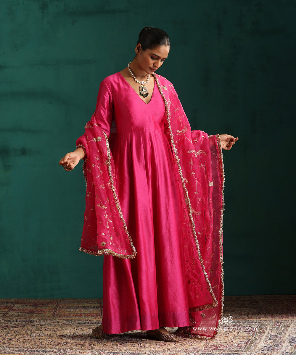 Hot Pink Pure Chanderi Anarkali with Churidar and Hand Embroidered Organza Dupatta