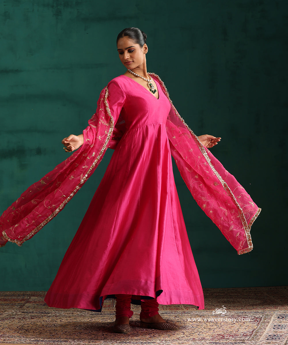 Hot Pink Pure Chanderi Anarkali with Churidar and Hand Embroidered Organza Dupatta