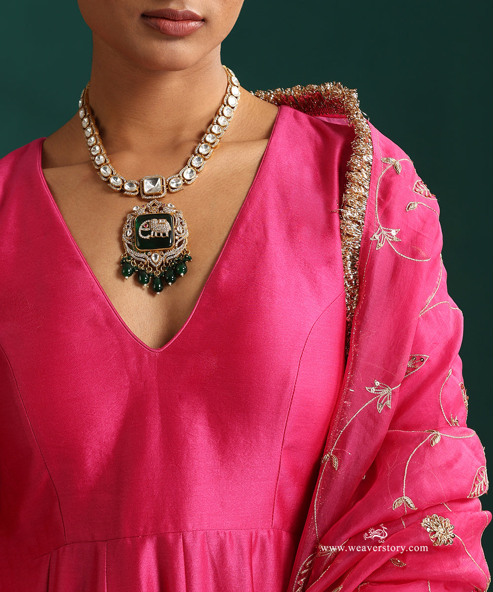Hot Pink Pure Chanderi Anarkali with Churidar and Hand Embroidered Organza Dupatta