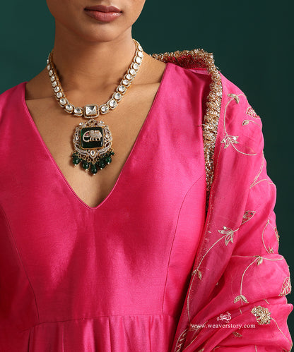 Hot Pink Pure Chanderi Anarkali with Churidar and Hand Embroidered Organza Dupatta
