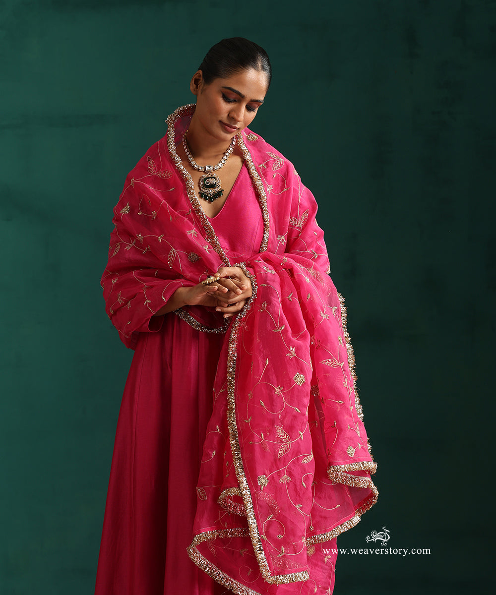 Hot Pink Pure Chanderi Anarkali with Churidar and Hand Embroidered Organza Dupatta