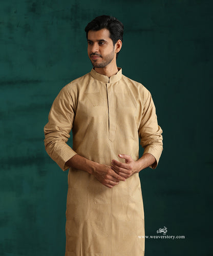 Beige Handloom Cotton Silk Zig Zag Embroidered Kurta With Pant